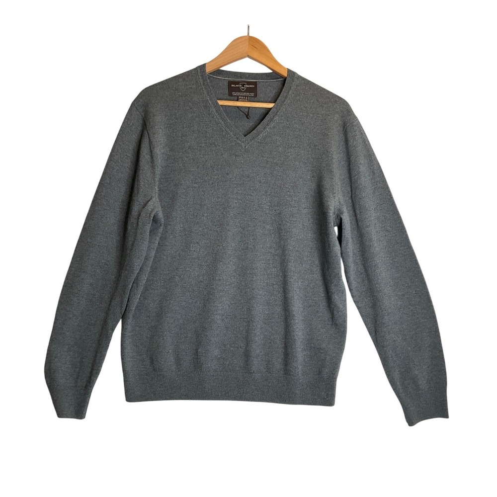 Black Brown 1826 Sweater 100% Extra Fine Merino Wool Grey Pullover V-Neck L - Picture 1 of 6